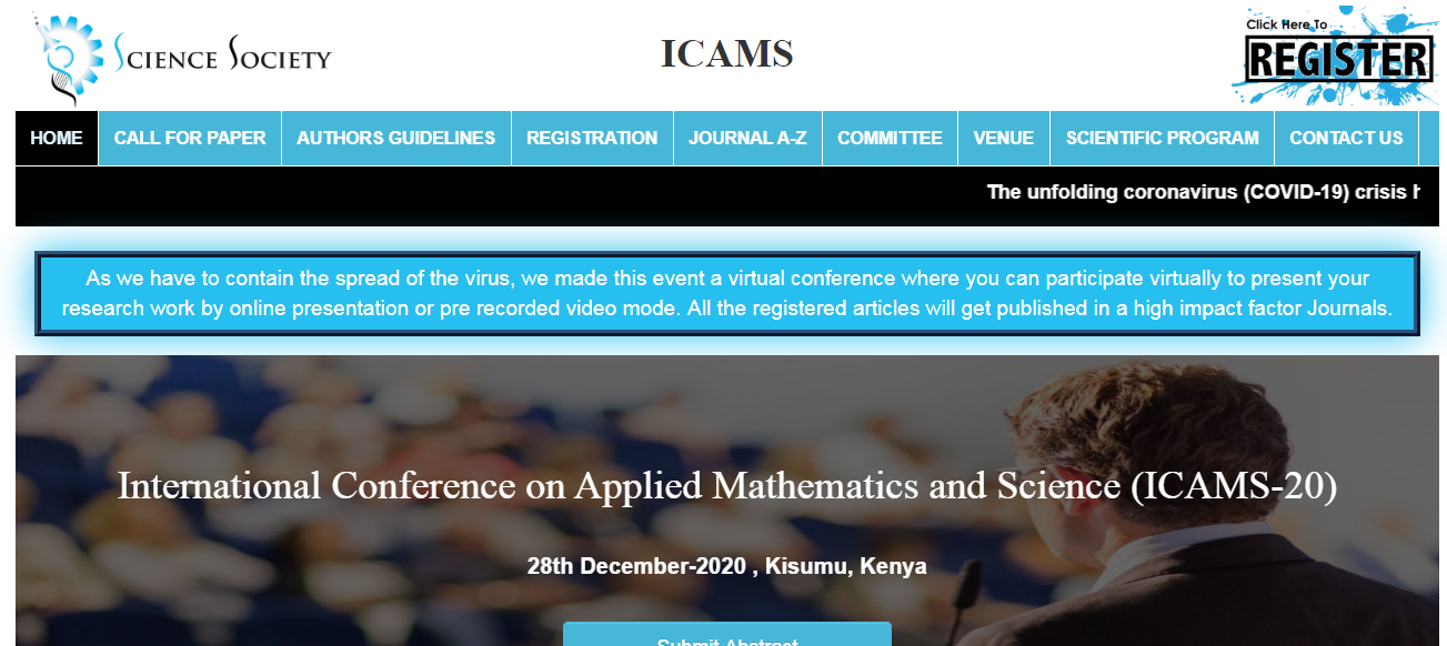 International Conference on Applied Mathematics and Science (ICAMS-20), Kisumu, Kenya