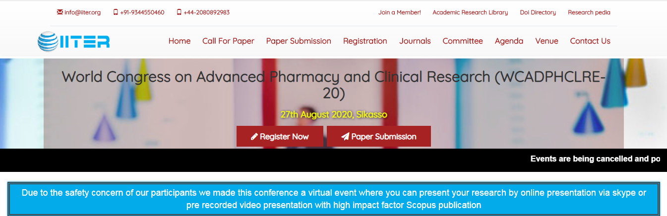 World Congress on Advanced Pharmacy and Clinical Research (WCADPHCLRE-20), Sikasso, Mali