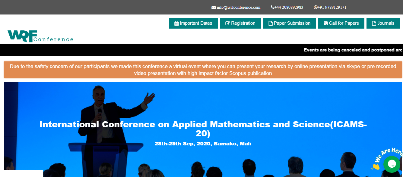 International Conference on Applied Mathematics and Science(ICAMS-20), Bamako, Mali