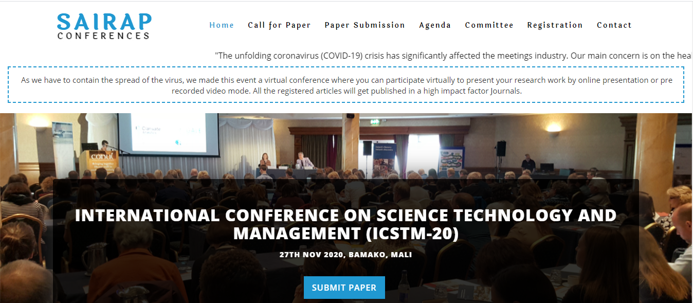 INTERNATIONAL CONFERENCE ON SCIENCE TECHNOLOGY AND MANAGEMENT (ICSTM-20), Bamako, Mali