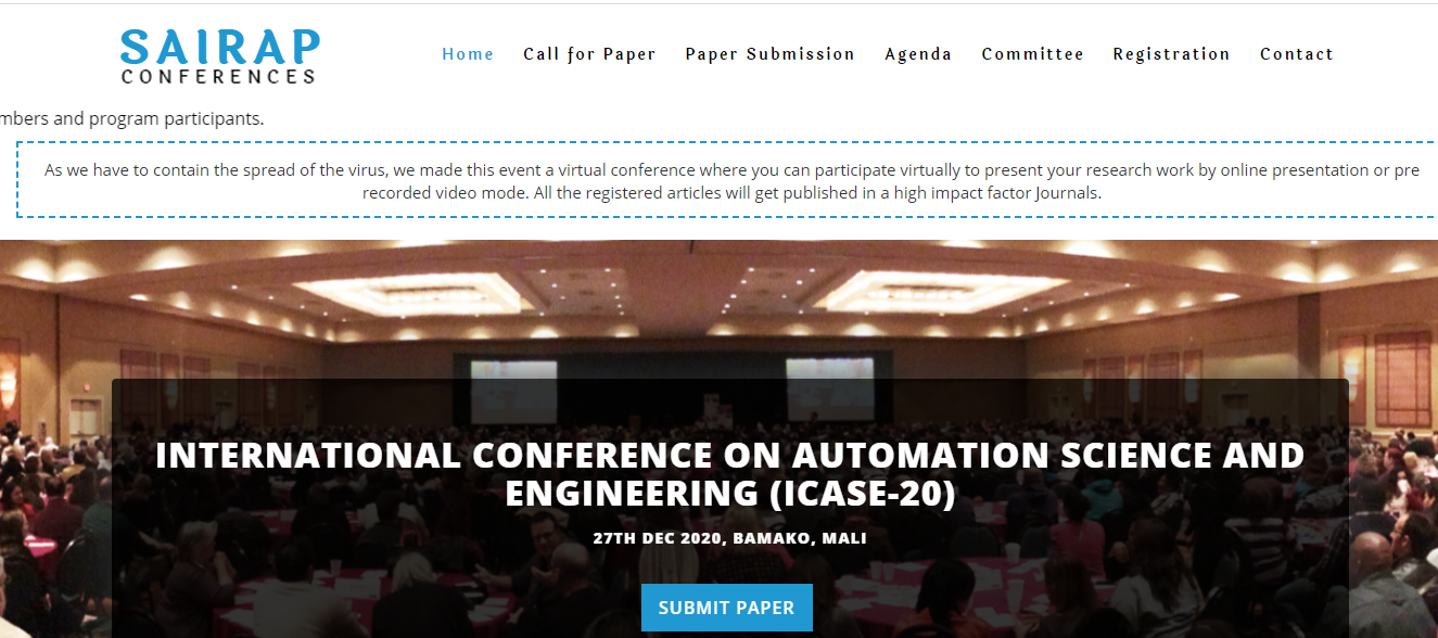 INTERNATIONAL CONFERENCE ON AUTOMATION SCIENCE AND ENGINEERING (ICASE-20), Bamako, Mali