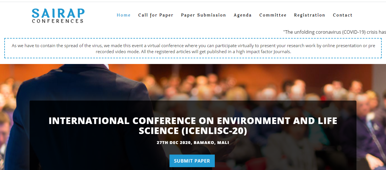 INTERNATIONAL CONFERENCE ON ENVIRONMENT AND LIFE SCIENCE (ICENLISC-20), Bamako, Mali