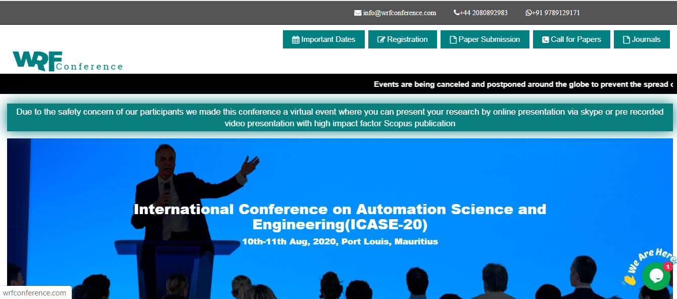 International Conference on Automation Science and Engineering(ICASE-20), Port Lousis, Port Louis, Mauritius