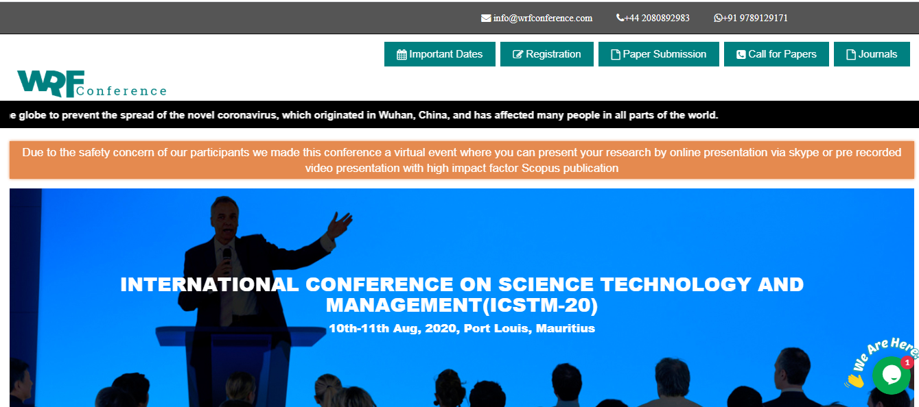 INTERNATIONAL CONFERENCE ON SCIENCE TECHNOLOGY AND MANAGEMENT(ICSTM-20), Port Lousis, Port Louis, Mauritius