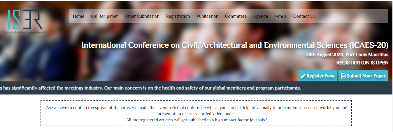 International Conference on Civil, Architectural and Environmental Sciences (ICAES-20), Port Lousis, Port Louis, Mauritius