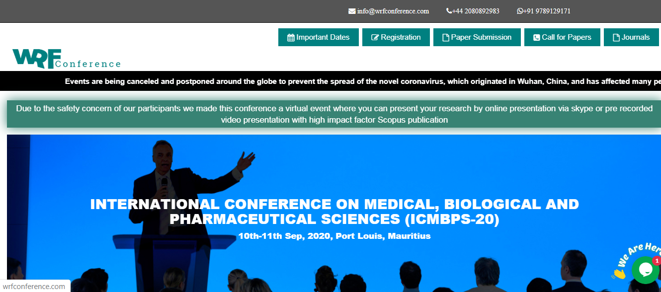 INTERNATIONAL CONFERENCE ON MEDICAL, BIOLOGICAL AND PHARMACEUTICAL SCIENCES (ICMBPS-20), Port Lousis, Port Louis, Mauritius