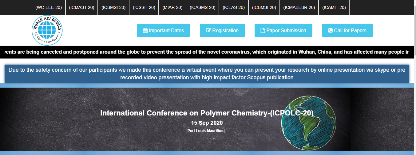 International Conference on Polymer Chemistry-(ICPOLC-20), Port Lousis, Port Louis, Mauritius