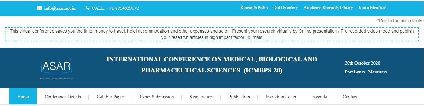 INTERNATIONAL CONFERENCE ON MEDICAL, BIOLOGICAL AND PHARMACEUTICAL SCIENCES  (ICMBPS-20), Port Lousis, Port Louis, Mauritius
