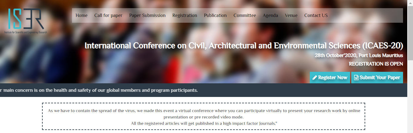 International Conference on Civil, Architectural and Environmental Sciences (ICAES-20), Port Lousis, Port Louis, Mauritius