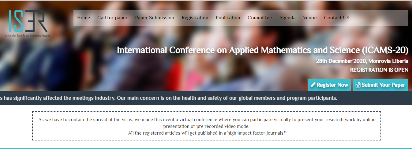 International Conference on Applied Mathematics and Science (ICAMS-20), Monrovia Liberia, Liberia