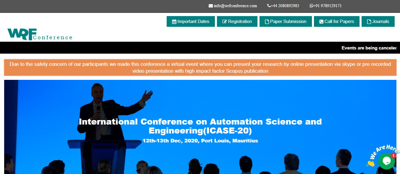International Conference on Automation Science and Engineering(ICASE-20), Port Lousis, Port Louis, Mauritius