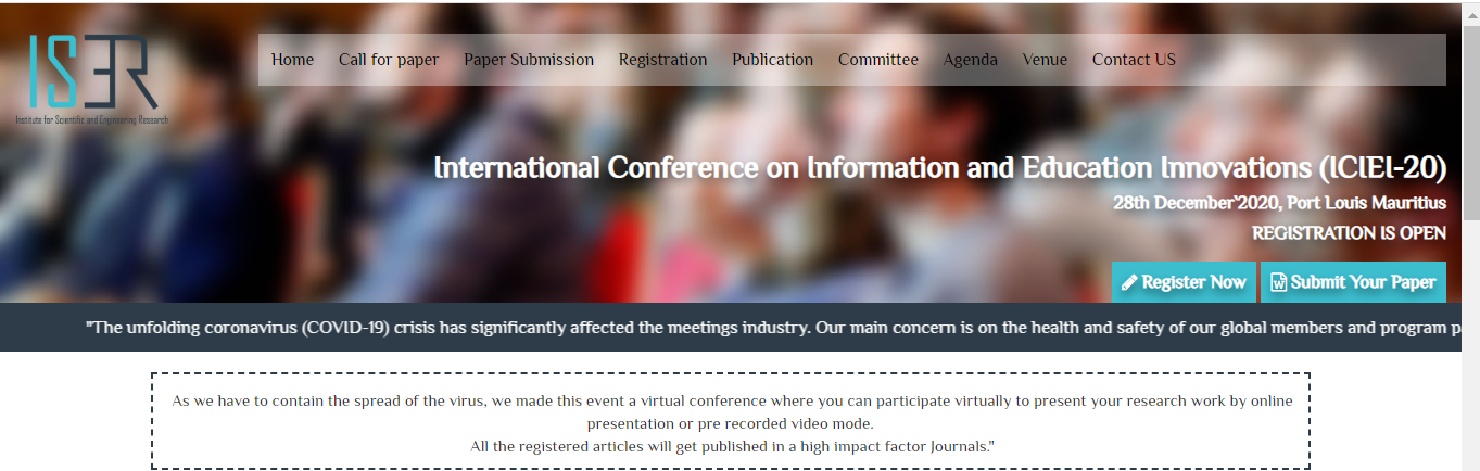 International Conference on Information and Education Innovations (ICIEI-20), Port Lousis, Port Louis, Mauritius