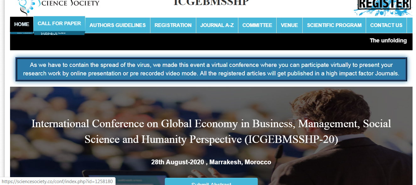 International Conference on Global Economy in Business, Management, Social Science and Humanity Perspective (ICGEBMSSHP-20), Marrakesh, Morocco, Morocco