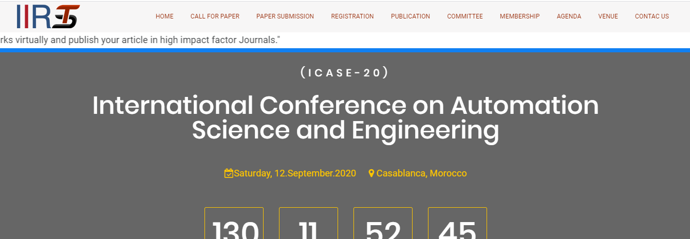 International Conference on Automation Science and Engineering (ICASE-20), Casablanca, Morocco,Casablanca-Settat,Morocco
