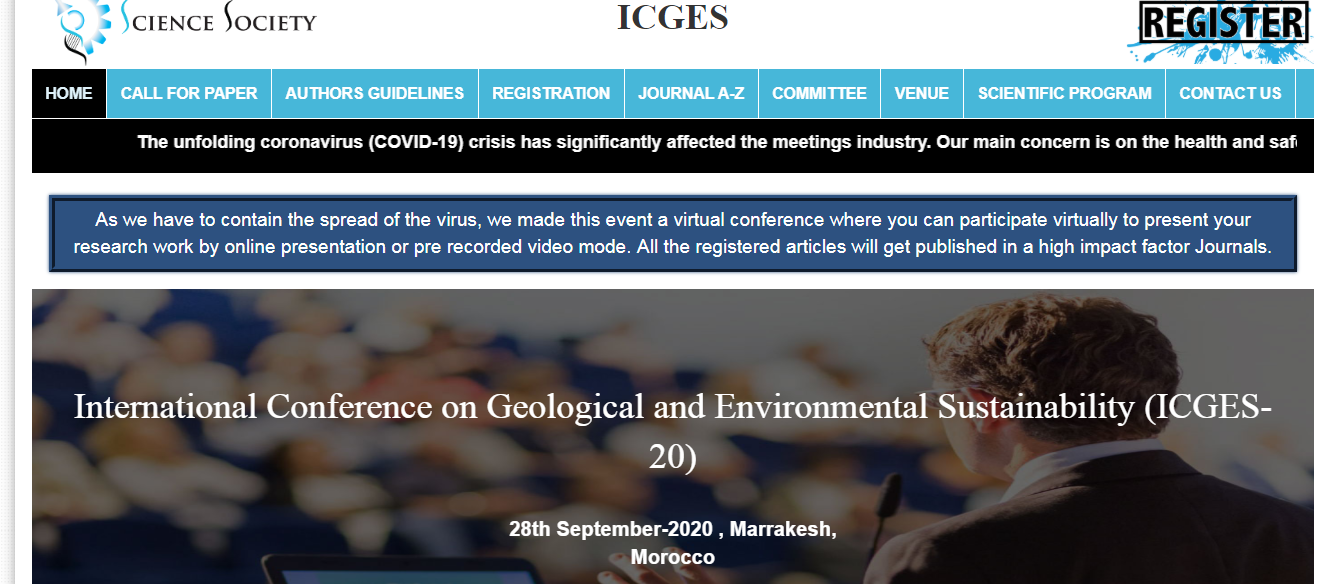 International Conference on Geological and Environmental Sustainability (ICGES-20), Marrakesh, Morocco, Morocco