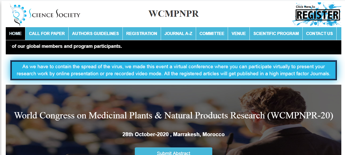World Congress on Medicinal Plants & Natural Products Research (WCMPNPR-20), Marrakesh, Morocco, Morocco