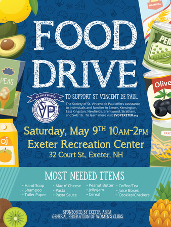 May 9th Food Drive 10-2 for St. Vincent de Paul Sponsored by Exeter Area Gen. Fed. of Womens Clubs, Exeter, New Hampshire, United States
