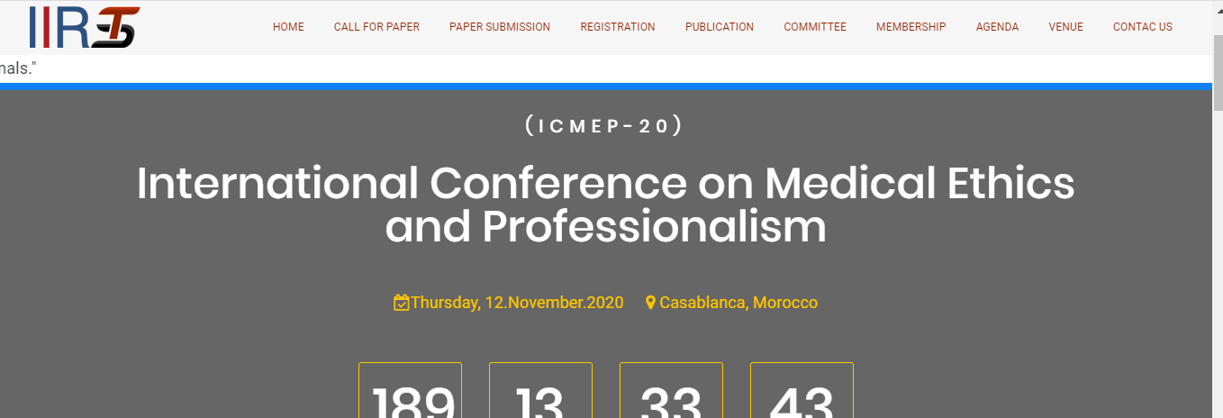 International Conference on Medical Ethics and Professionalism (ICMEP-20), Casablanca, Morocco,Casablanca-Settat,Morocco