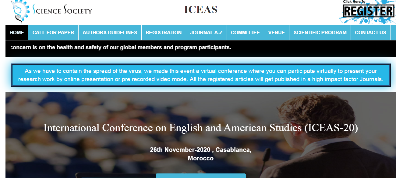 International Conference on English and American Studies (ICEAS-20), Casablanca, Morocco,Casablanca-Settat,Morocco