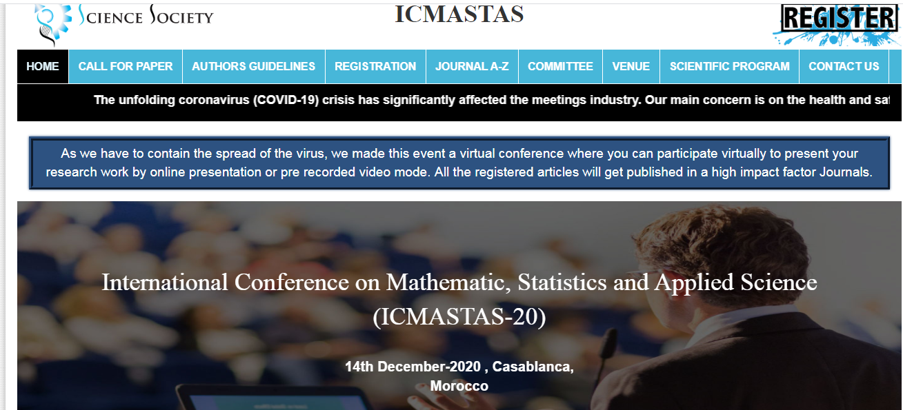 International Conference on Mathematic, Statistics and Applied Science (ICMASTAS-20), Casablanca, Morocco,Casablanca-Settat,Morocco