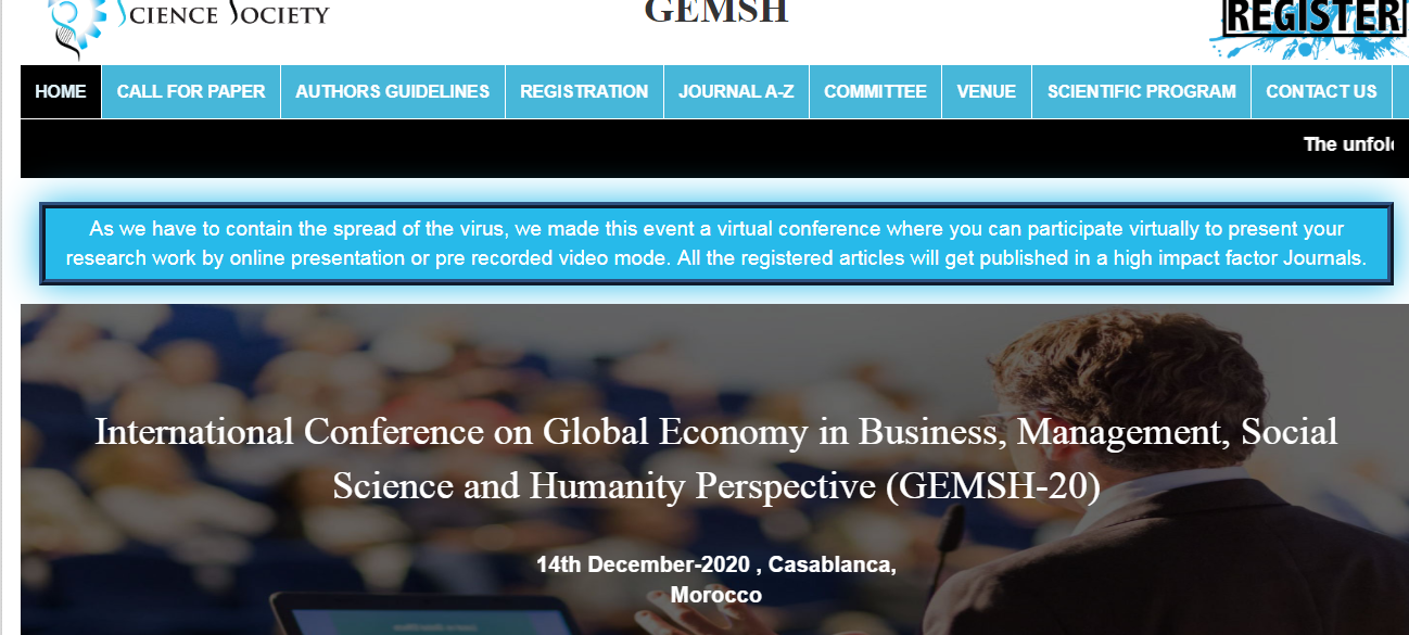 International Conference on Global Economy in Business, Management, Social Science and Humanity Perspective (GEMSH-20), Casablanca, Morocco,Casablanca-Settat,Morocco