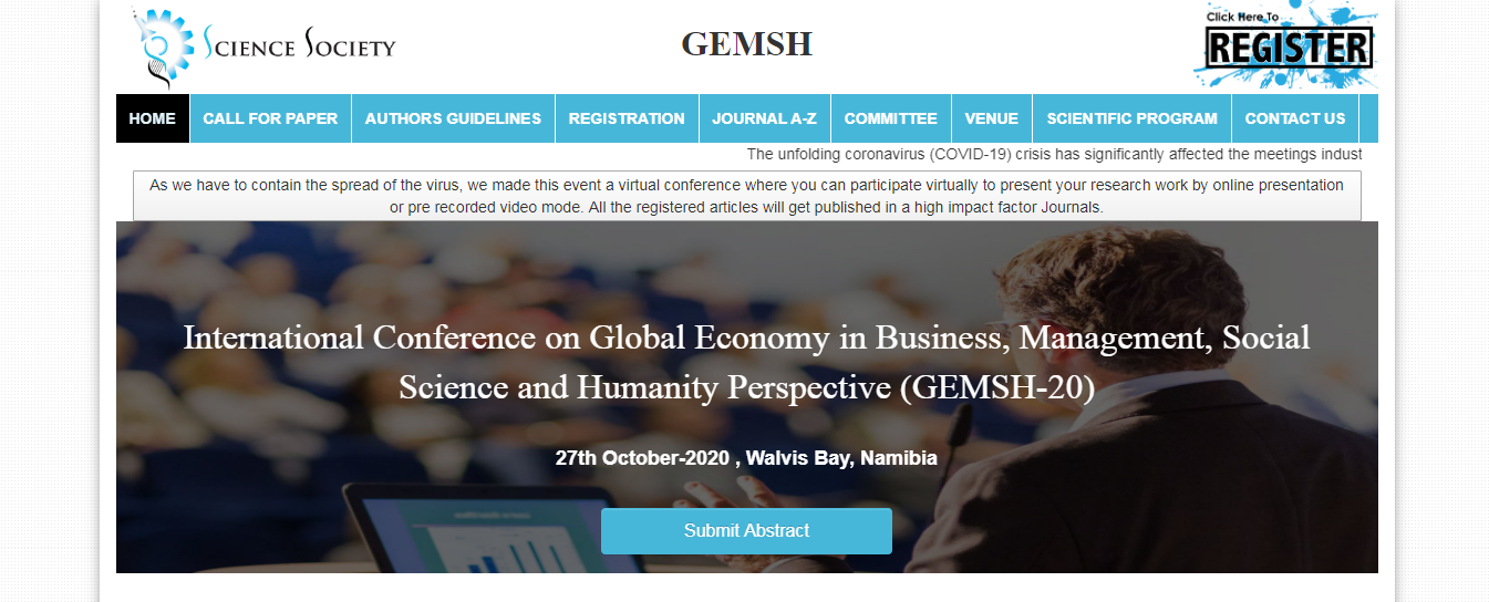 International Conference on Global Economy in Business, Management, Social Science and Humanity Perspective (GEMSH-20), Walvis Bay, Namibia, Namibia