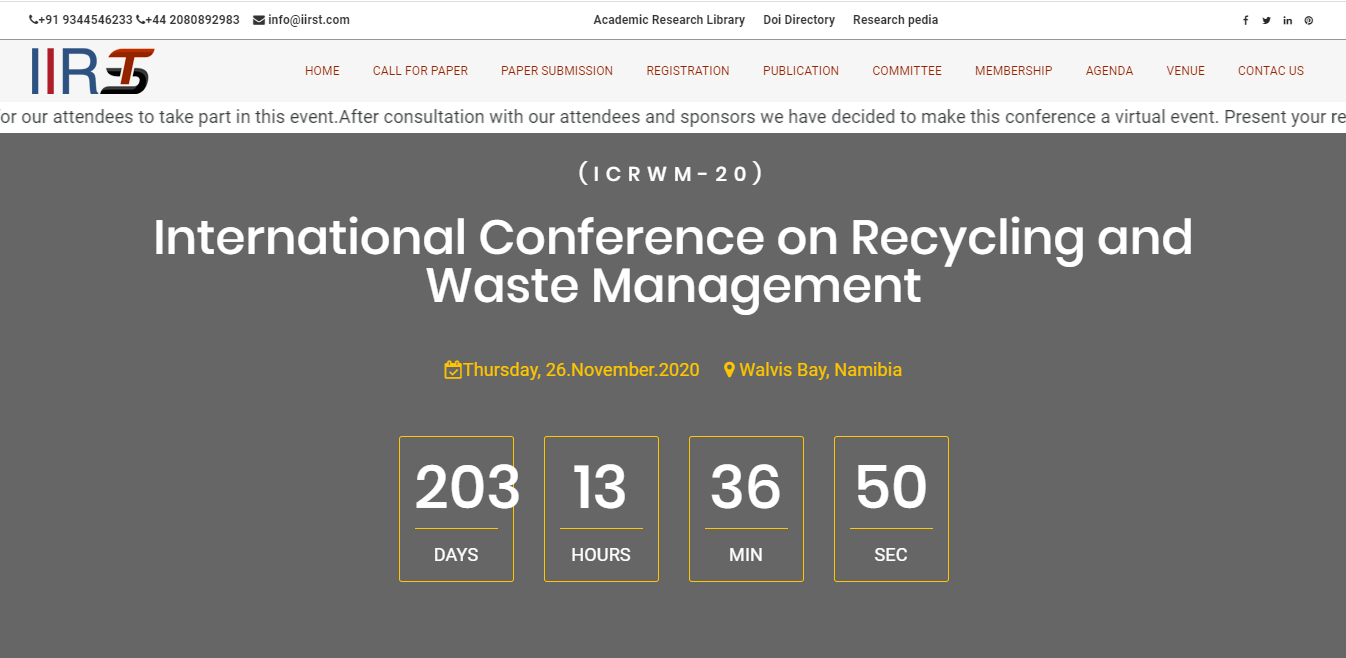 International Conference on Recycling and Waste Management, Walvis Bay, Namibia, Namibia