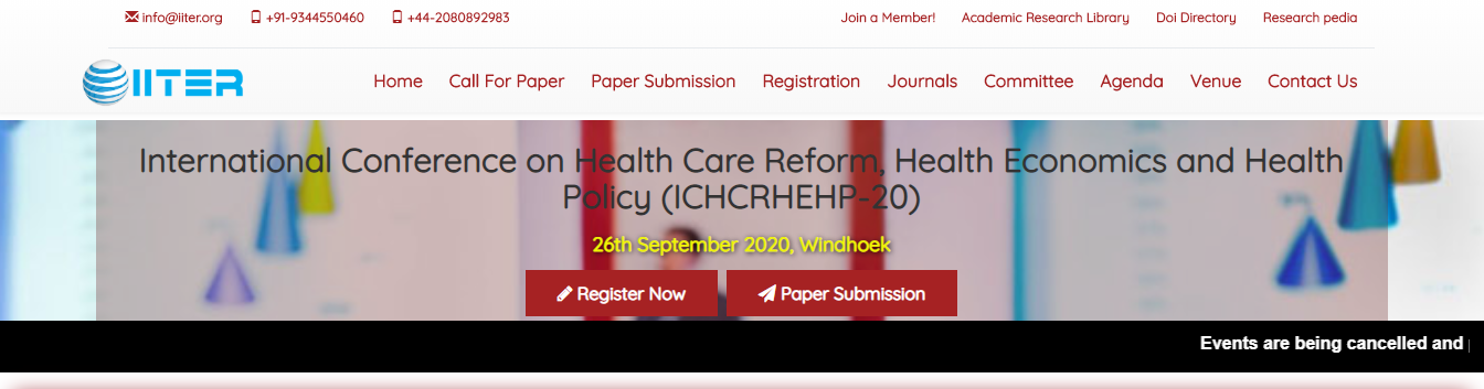 International Conference on Health Care Reform, Health Economics and Health Policy (ICHCRHEHP-20), Windhoek-Namibia, Namibia