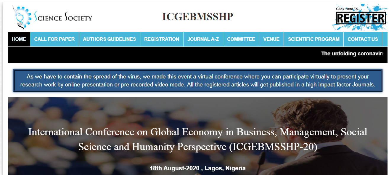 International Conference on Global Economy in Business, Management, Social Science and Humanity Perspective (ICGEBMSSHP-20), Lagos, Nigeria