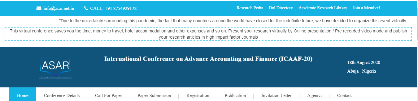 International Conference on Advance Accounting and Finance (ICAAF-20), Abuja, Abuja (FCT), Nigeria