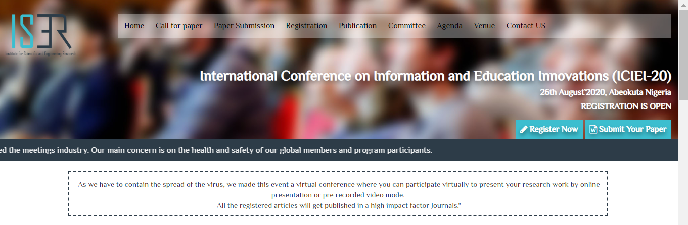 International Conference on Information and Education Innovations (ICIEI-20), Abeokuta, Nigeria