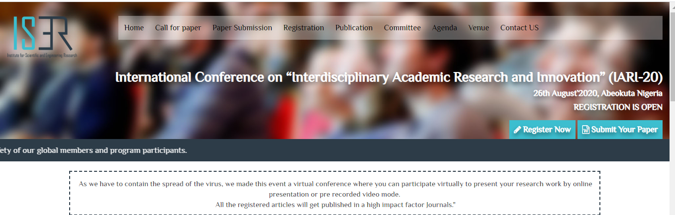 International Conference on “Interdisciplinary Academic Research and Innovation” (IARI-20), Abeokuta, Nigeria
