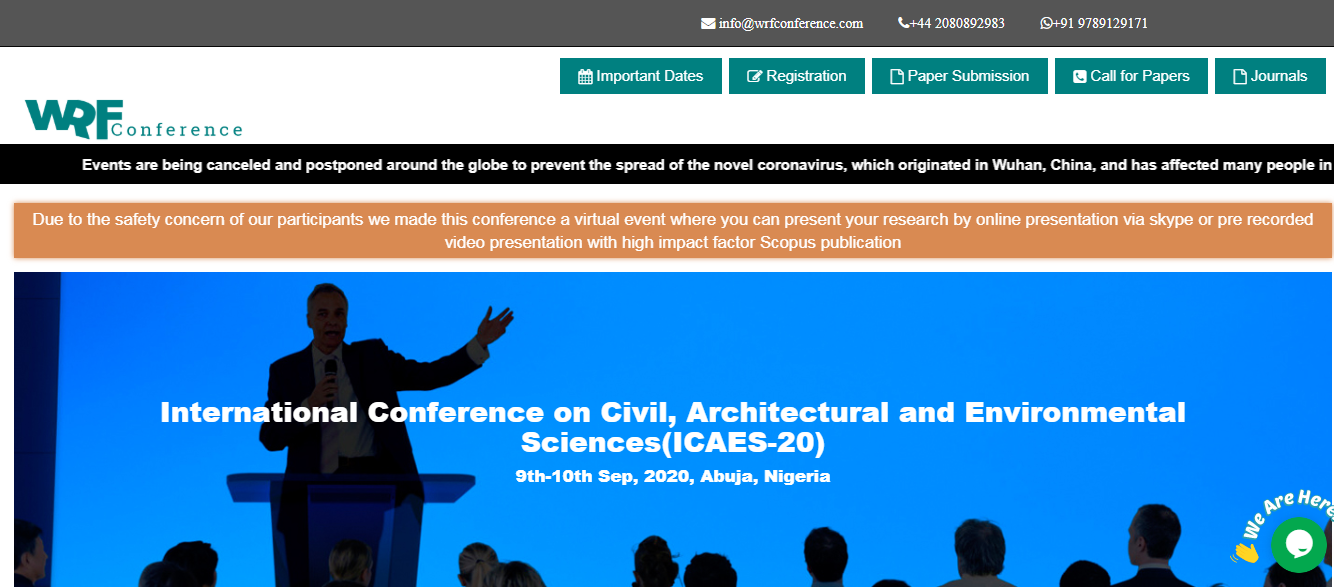 International Conference on Civil, Architectural and Environmental Sciences(ICAES-20), Abuja, Abuja (FCT), Nigeria