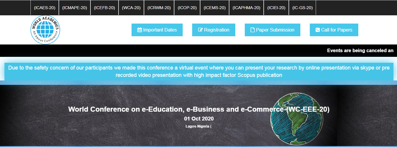 World Conference on e-Education, e-Business and e-Commerce-(WC-EEE-20), Lagos, Nigeria