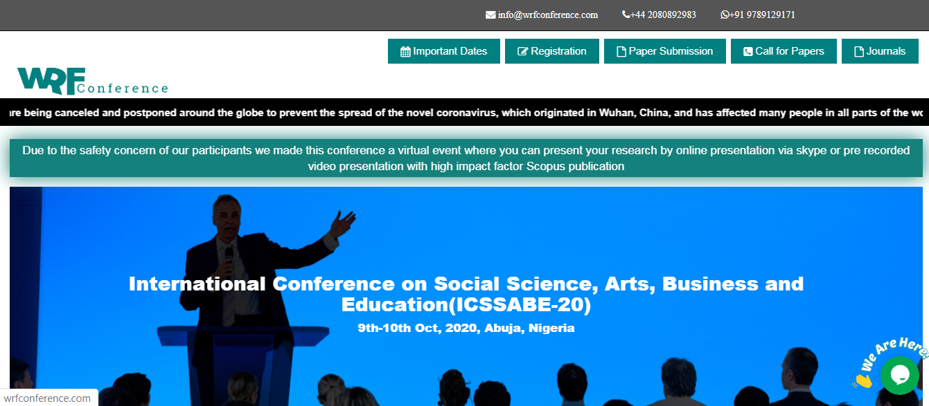 International Conference on Social Science, Arts, Business and Education(ICSSABE-20), Abuja, Abuja (FCT), Nigeria