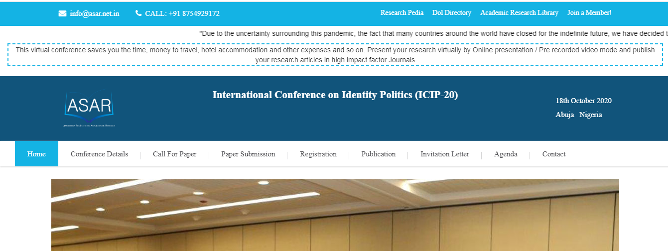 International Conference on Identity Politics (ICIP-20), Abuja, Abuja (FCT), Nigeria