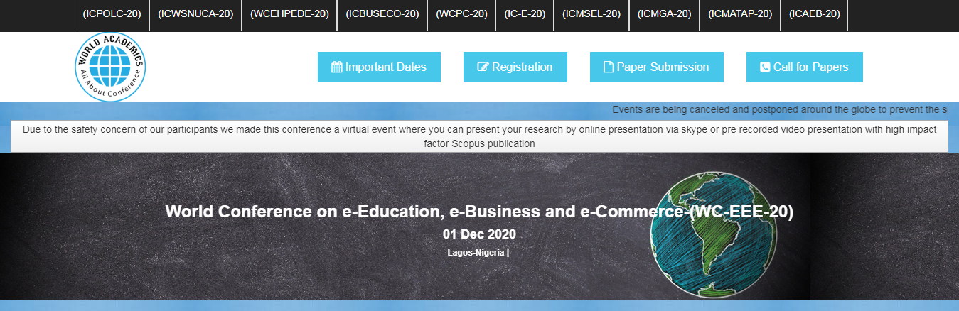 World Conference on e-Education, e-Business and e-Commerce-(WC-EEE-20), Lagos-Nigeria, Lagos, Nigeria