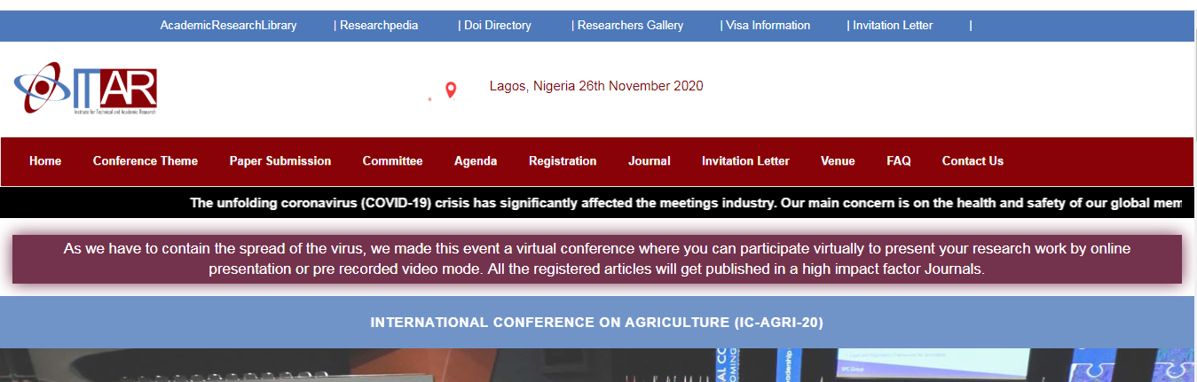 International Conference on Agriculture (IC-AGRI-20), Lagos, Nigeria