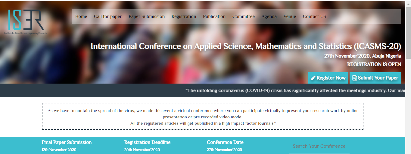 International Conference on Applied Science, Mathematics and Statistics (ICASMS-20), Nigeria, Abuja (FCT), Nigeria