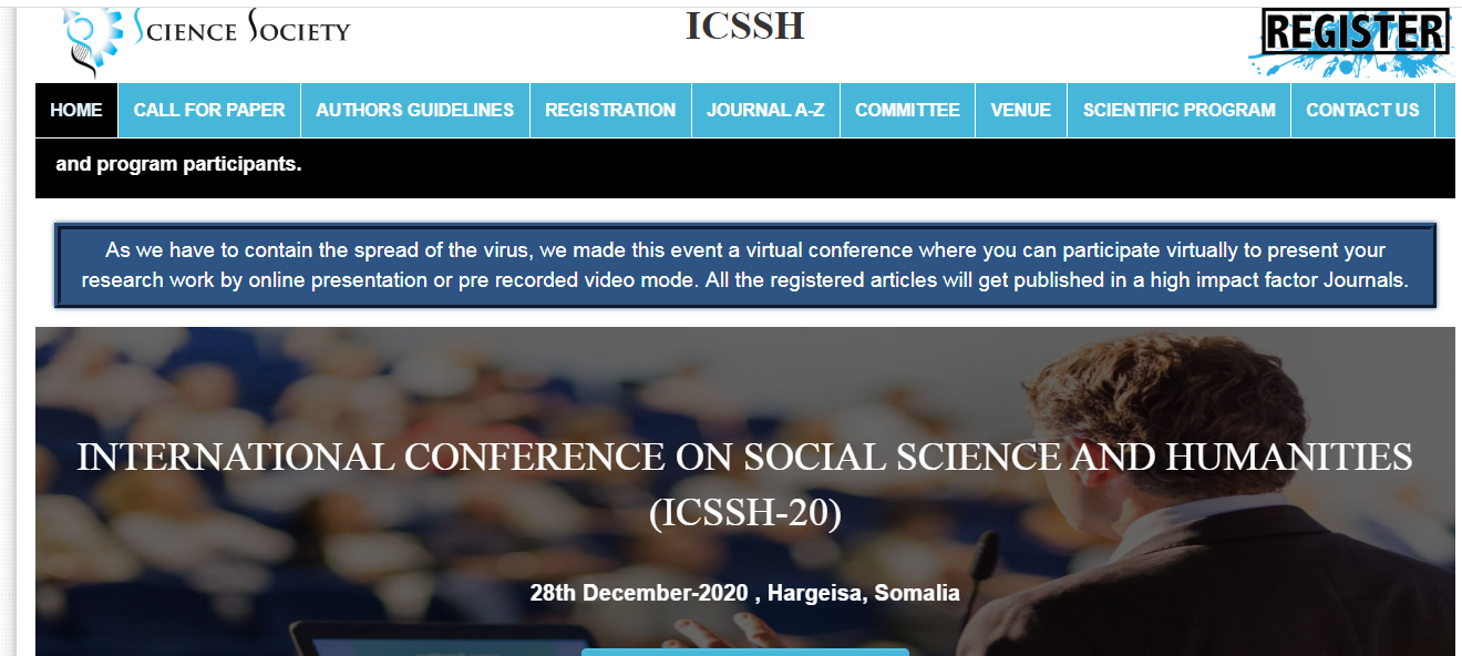 INTERNATIONAL CONFERENCE ON SOCIAL SCIENCE AND HUMANITIES (ICSSH-20), Hargeisa, Somalia