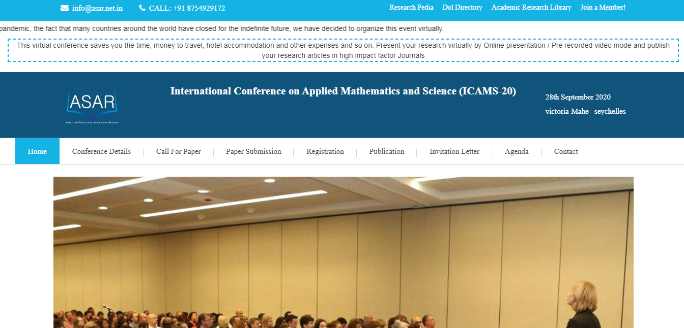 International Conference on Applied Mathematics and Science (ICAMS-20), Victoria-Mahe   seychelles, Seychelles