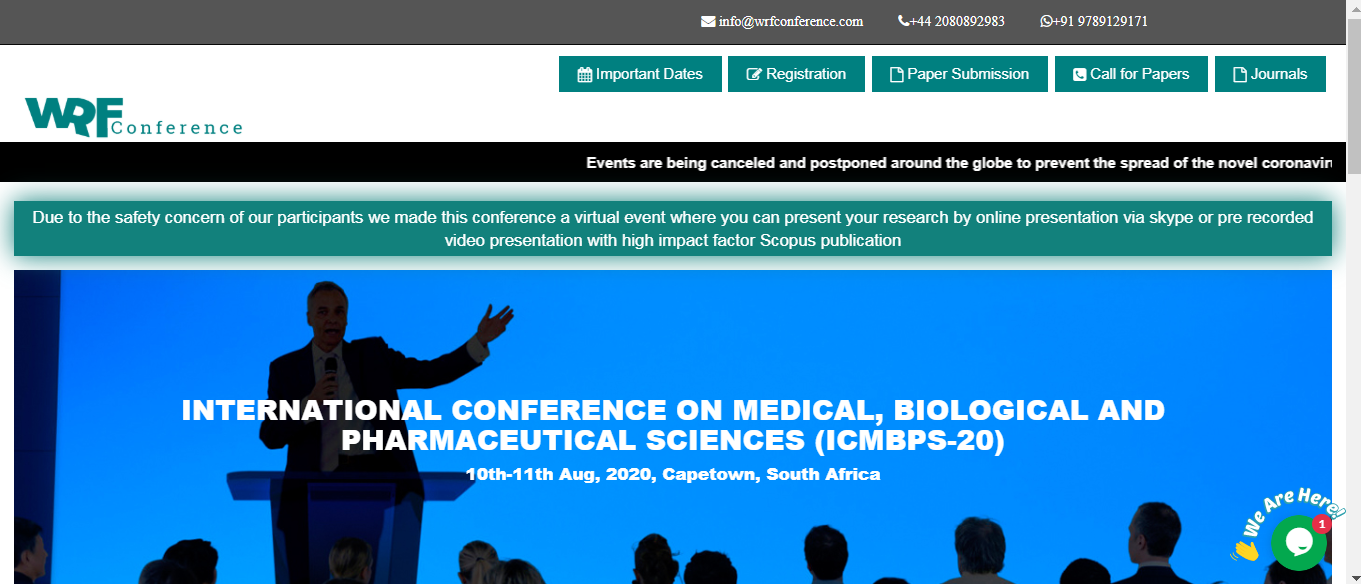 INTERNATIONAL CONFERENCE ON MEDICAL, BIOLOGICAL AND PHARMACEUTICAL SCIENCES (ICMBPS-20), Capetown, South Africa