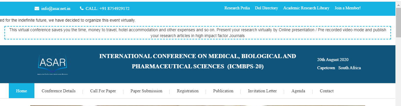 INTERNATIONAL CONFERENCE ON MEDICAL, BIOLOGICAL AND PHARMACEUTICAL SCIENCES  (ICMBPS-20), Capetown, South Africa