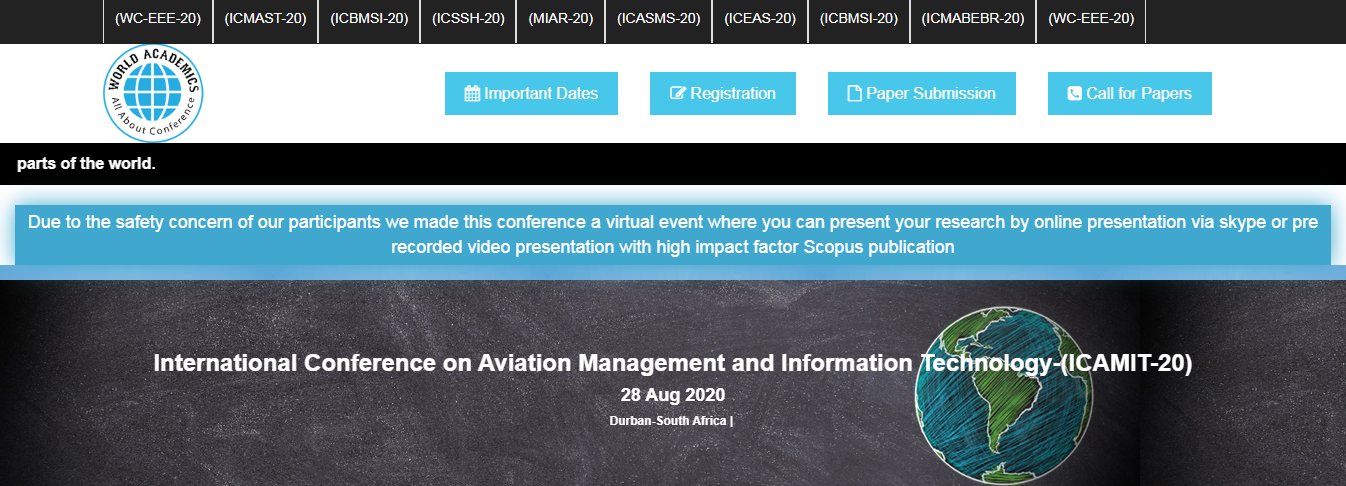 International Conference on Aviation Management and Information Technology-(ICAMIT-20), DURBAN, South Africa