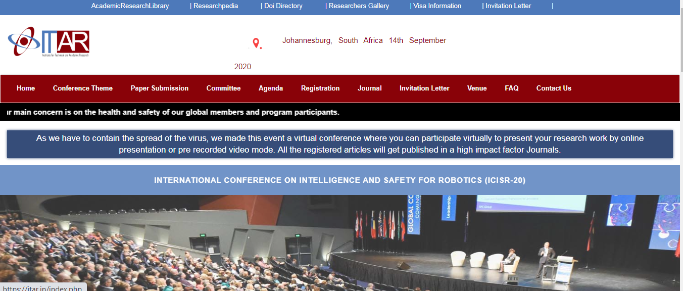 International Conference on Intelligence and Safety for Robotics (ICISR-20), Johannesburg, South Africa