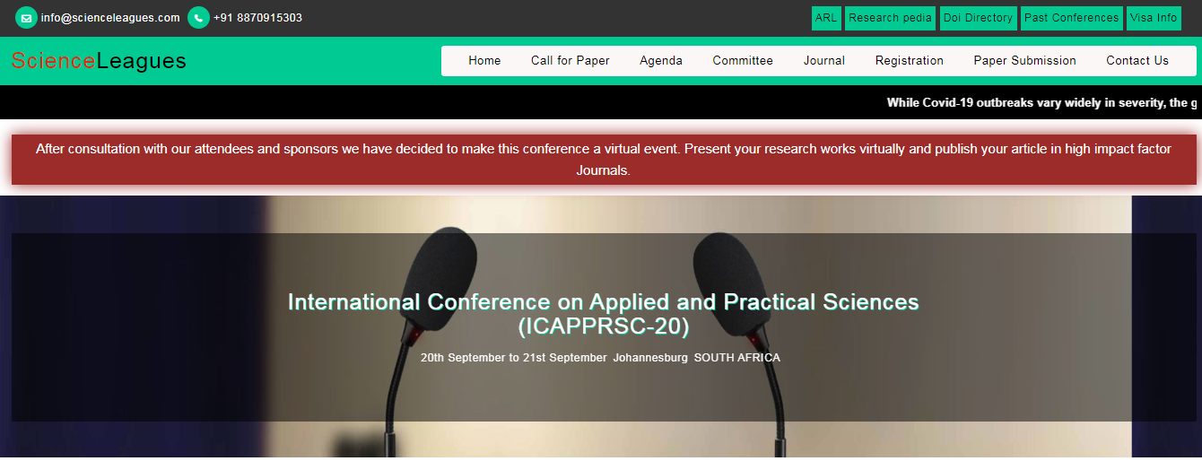 International Conference on Applied and Practical Sciences (ICAPPRSC-20), Johannesburg, South Africa