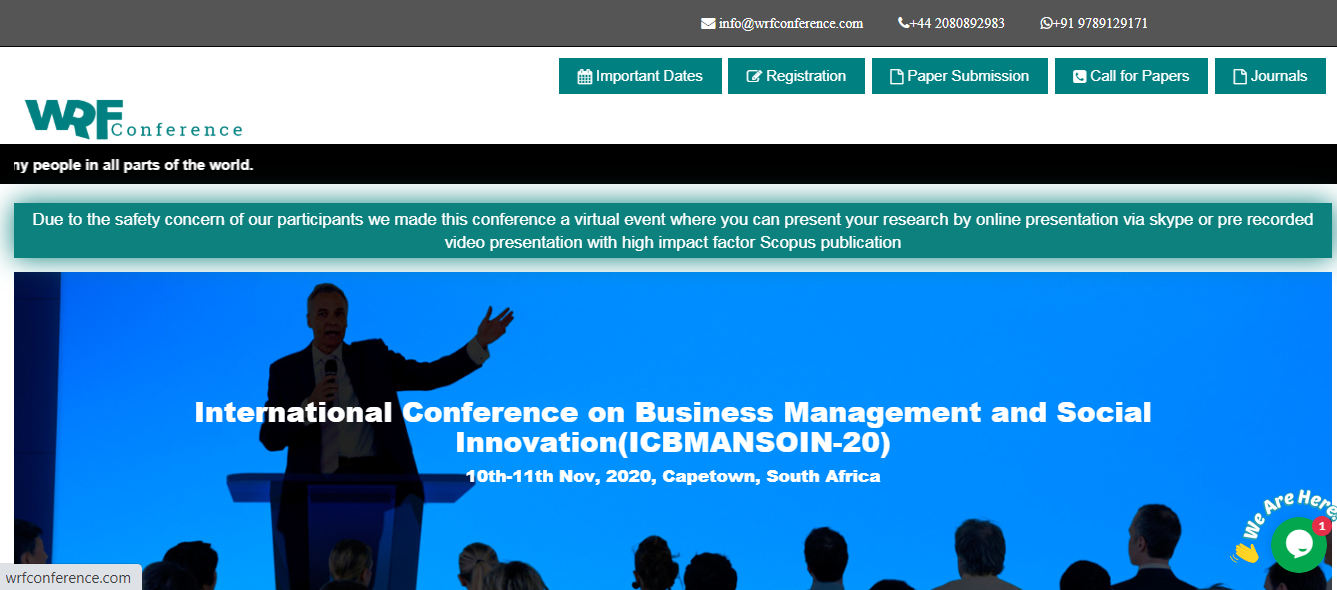 International Conference on Business Management and Social Innovation(ICBMANSOIN-20), Capetown, South Africa
