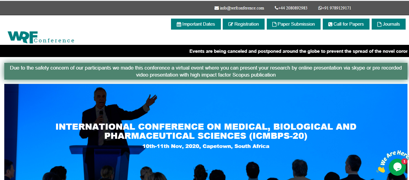 INTERNATIONAL CONFERENCE ON MEDICAL, BIOLOGICAL AND PHARMACEUTICAL SCIENCES (ICMBPS-20), Capetown, South Africa