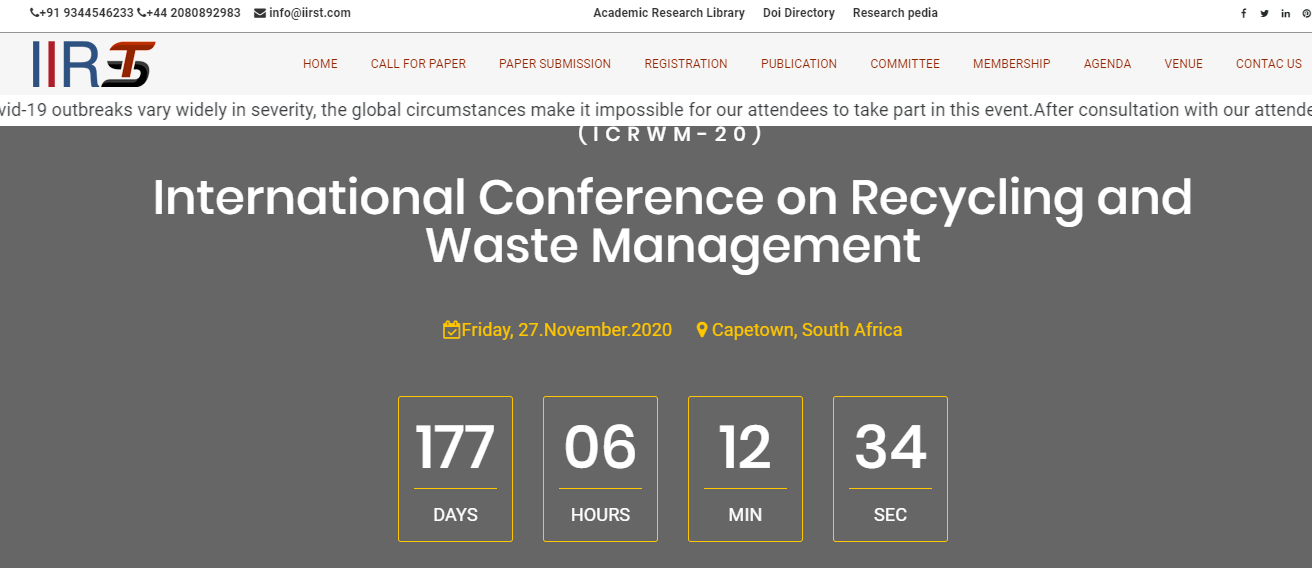 International Conference on Recycling and Waste Management (ICRWM-20), Capetown, South Africa