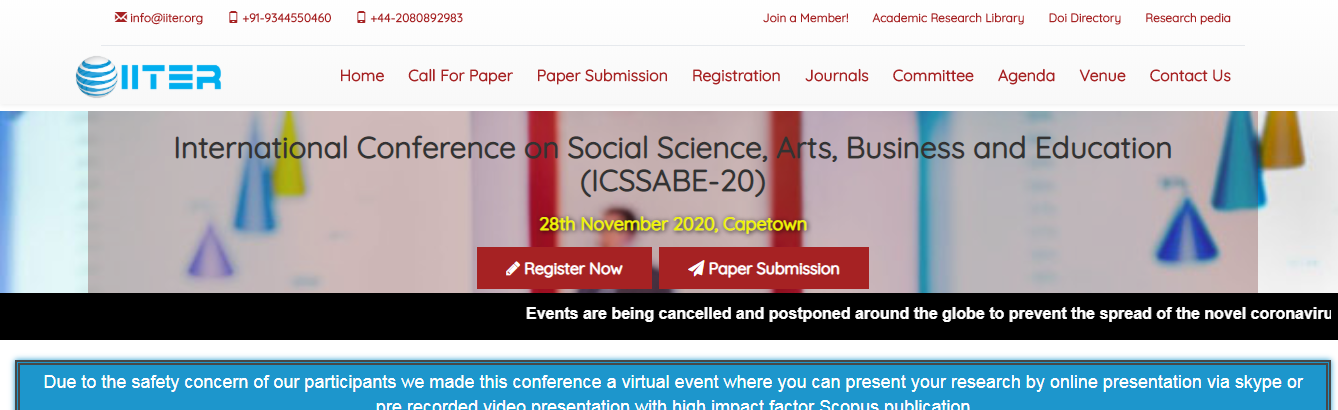 International Conference on Social Science, Arts, Business and Education (ICSSABE-20), Capetown, South Africa